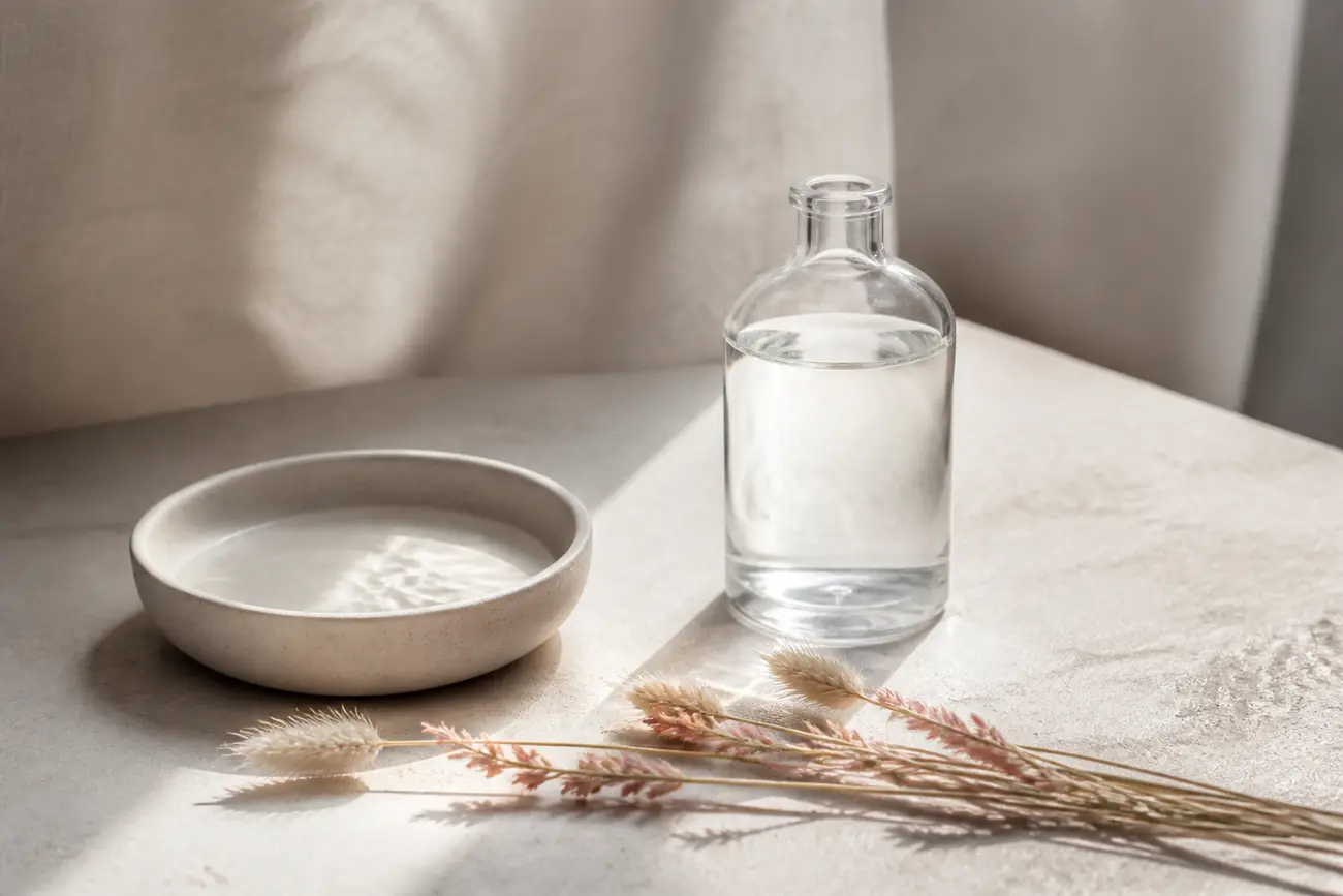 Omärkt glasflaska och en grund keramikskål med vatten på ljus sten i mjukt sidoljus